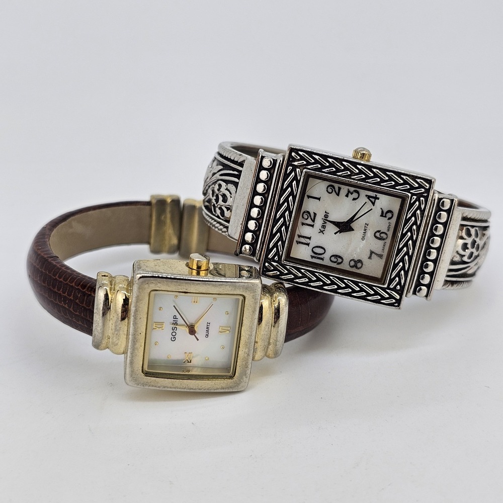 2X Women's Cuff Watch White Dial Gray Brown Bracelet Band 5.5" New‎ Battery